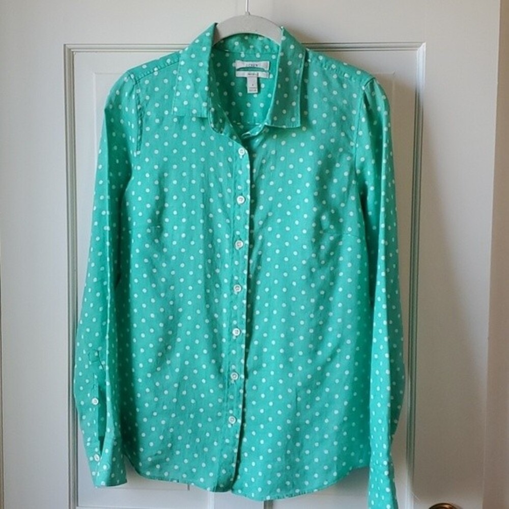 J. CREW PERFECT LINEN BUTTON UP SHIRT POLKA DOT AQUA BLUE GREEN WHITE SIZE 2